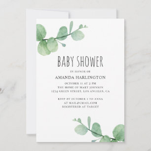 Watercolor green eucalyptus. Greenery baby shower Invitation