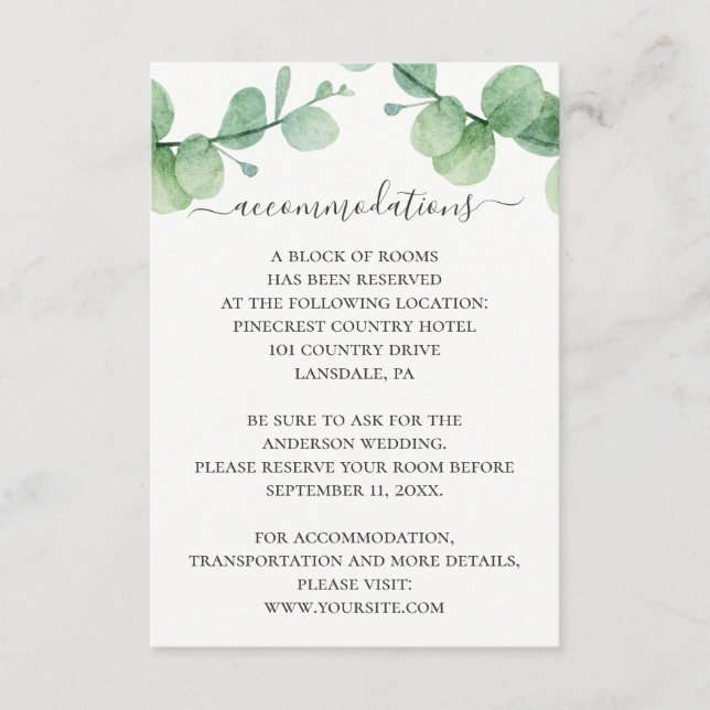 Watercolor green eucalyptus wedding accommodations enclosure card (Front)