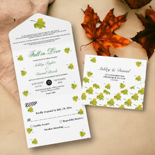 Watercolor Green Fall Leaves Autumn Floral Wedding All In One Invitation