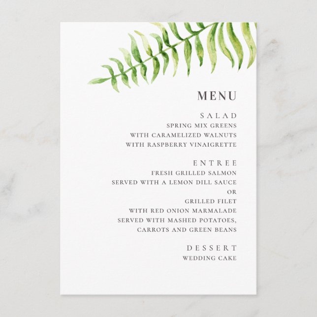 Watercolor green fern. Greenery botanical wedding Menu (Front)