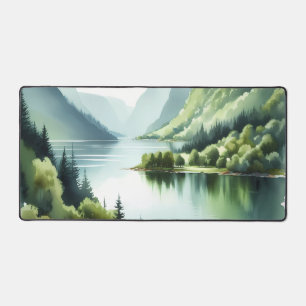 Watercolor green fjords desk mat