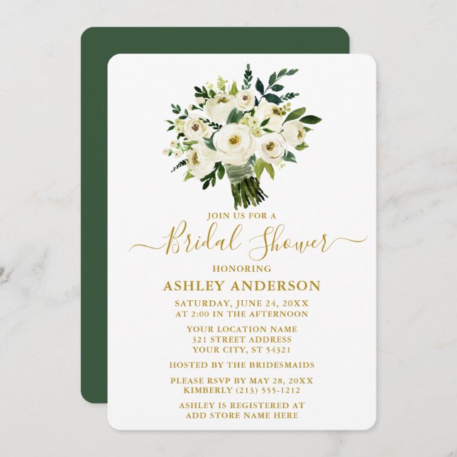 Watercolor Green Floral Bridal Shower Gold Invitation (Front/Back)