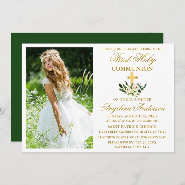 Watercolor Green Floral First Holy Communion Invitation (Front/Back)
