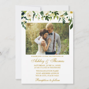 Watercolor Green Floral Photo Wedding Gold Invitation