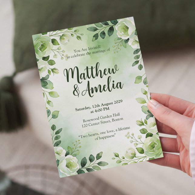 Watercolor Green Floral Wedding Invitation (Creator Uploaded)