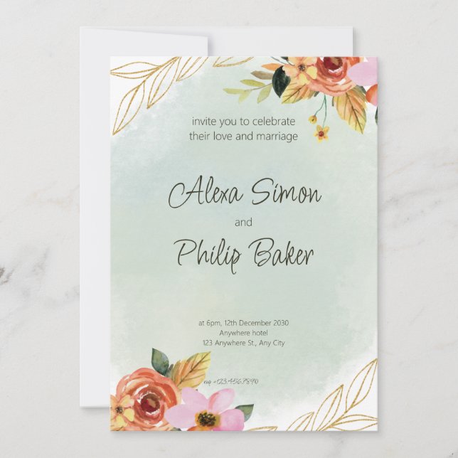 Watercolor green Floral  Wedding Invitation (Front)