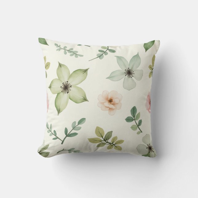 Watercolor green flowers pattern cushion (Front)