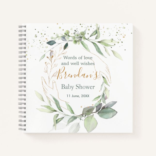 Watercolor Green foliage Baby Shower Notebook (Front)