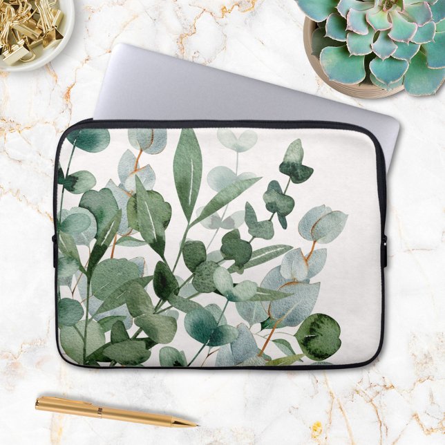 Watercolor Green Foliage Greenery Leaves Laptop Sleeve (In situ)