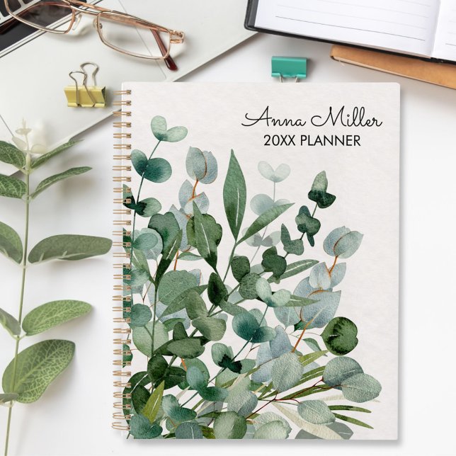 Watercolor Green Foliage Leaves Modern Planner (In situ)