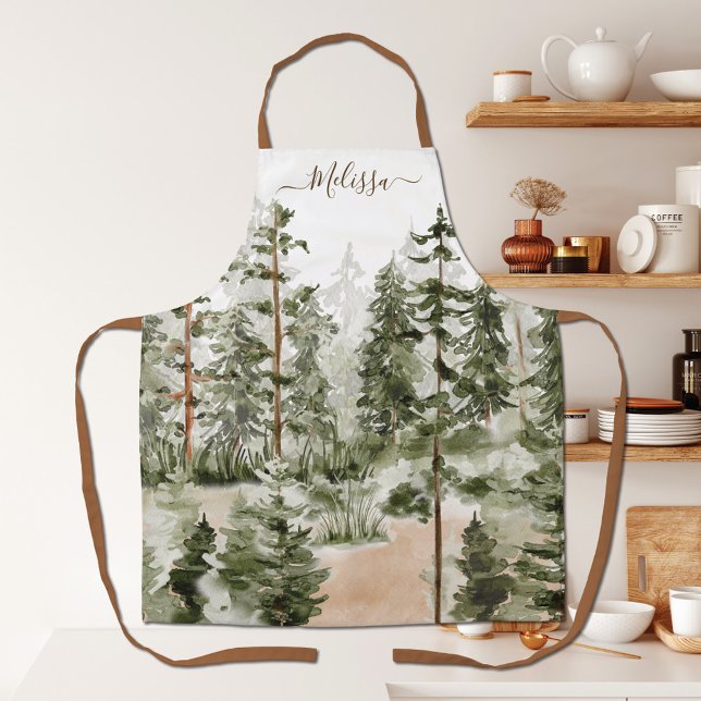 Watercolor Green Forest Apron (In situ)