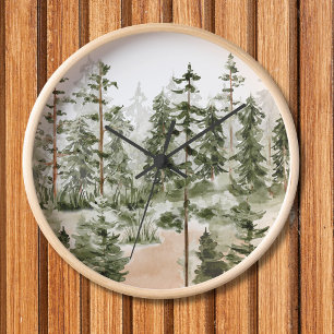 Watercolor Green Forest Clock