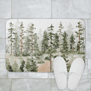Watercolor Green Forest Landscape Bath Mat