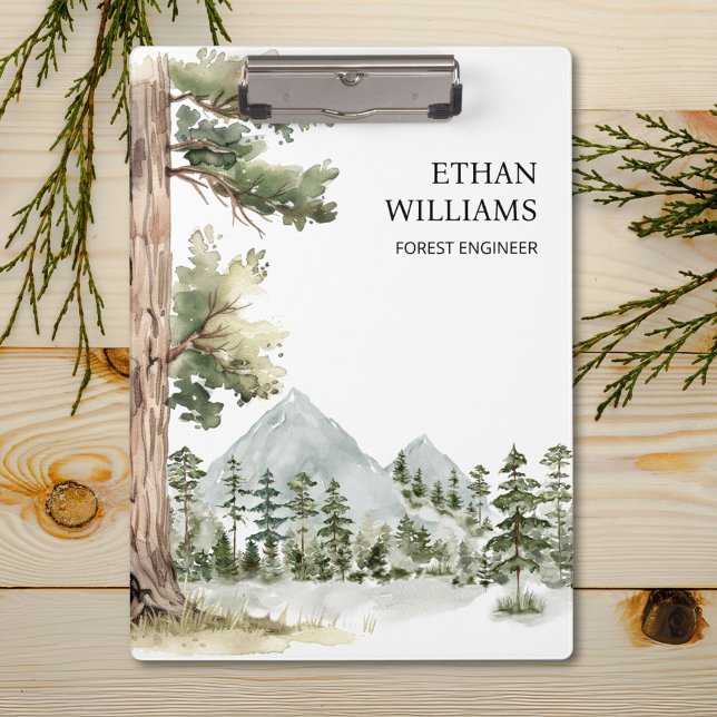 Watercolor Green Forest Landscape Personalized Clipboard (Close up)