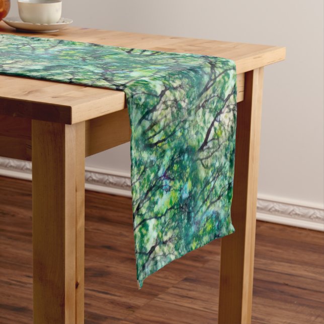 Watercolor Green Forest Pattern Short Table Runner (In Situ)