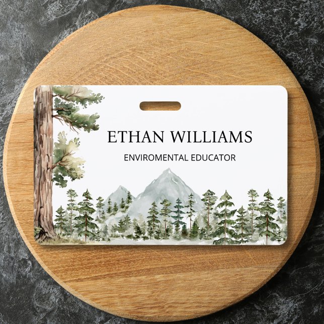 Watercolor Green Forest Personalized  ID Badge (Close up)