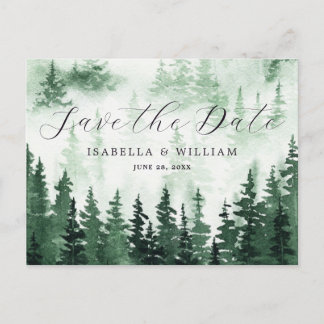 Watercolor Green Forest Save The Date Postcard