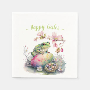Watercolor Green Frog Easter Eggs and Flowers - Napkin