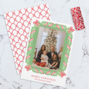 Watercolor Green Garland & Red Bow Christmas Photo Holiday Card