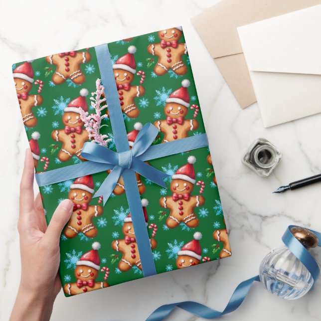 Watercolor Green Gingerbread Man Snowflake Pattern Wrapping Paper (Gifting)