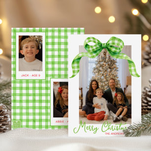 Watercolor Green Gingham Bow Christmas Photo Holiday Card