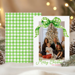 Watercolor Green Gingham Bow Christmas Photo Holiday Card