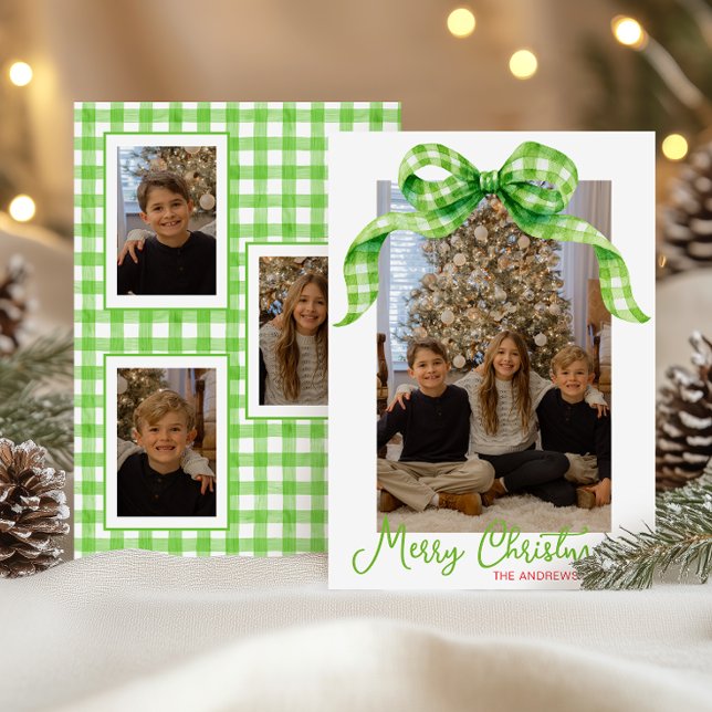 Watercolor Green Gingham Bow Christmas Photo Holiday Card (Creator Uploaded)
