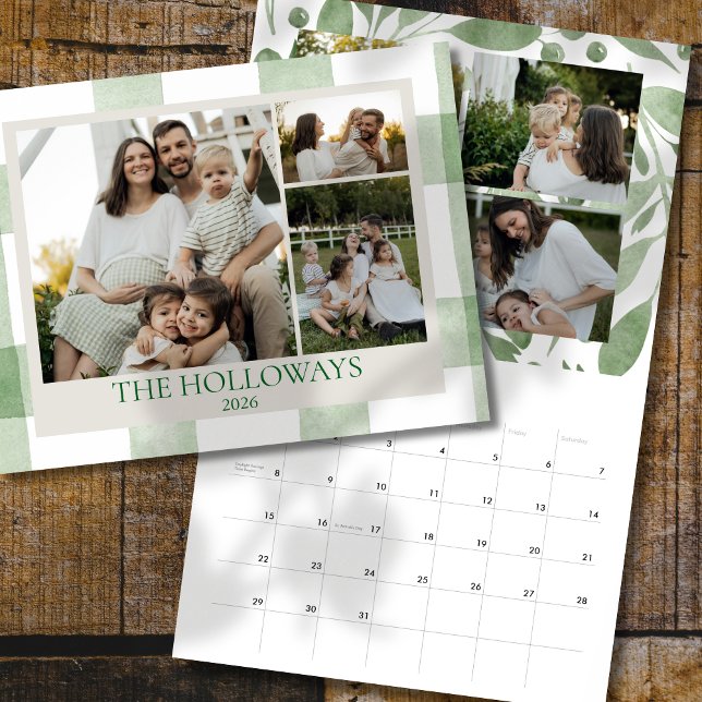 Watercolor Green Gingham Family Photo Calendar (Add a personal touch to your family calendar with this Green Gingham Family Photo Calendar!)