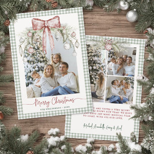 Watercolor Green Gingham Photo Christmas Holiday Card