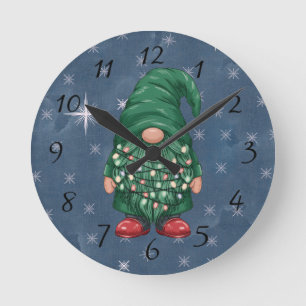Watercolor Green Gnome Christmas Lights Round Clock