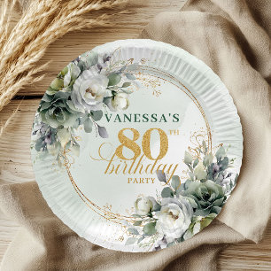 Watercolor Green Gold 80th Birthday Botanical Paper Plate