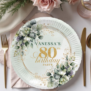 Watercolor Green Gold Botanical 80th Birthday Paper Plate
