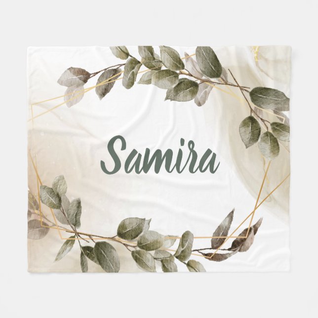 Watercolor Green & Gold Custom Name Personalised   Fleece Blanket (Front (Horizontal))
