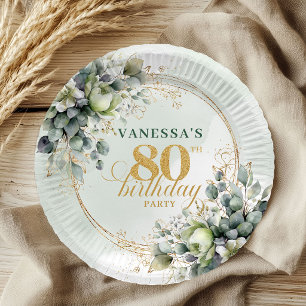 Watercolor Green Gold Eucalyptus 80th Birthday Paper Plate