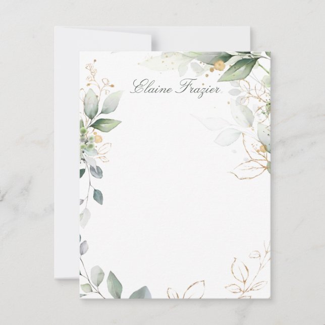 Watercolor green & gold foliage Flat Note Card (Front)