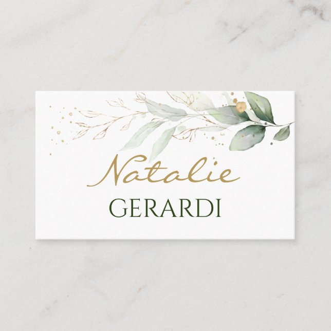 Watercolor green & gold foliage place card (Front)