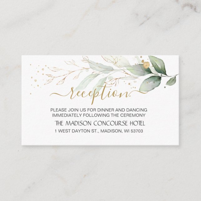 Watercolor green & gold foliage Reception Enclosure Card (Front)
