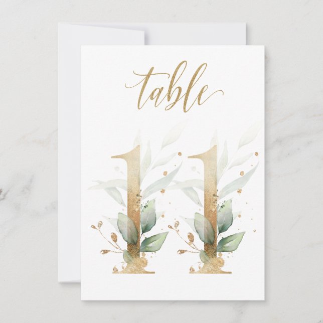 Watercolor Green & Gold Foliage, Table Number 11 (Front)