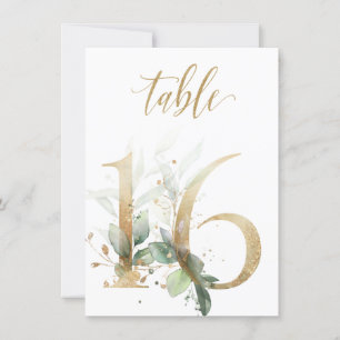 Watercolor Green & Gold Foliage, Table Number 16