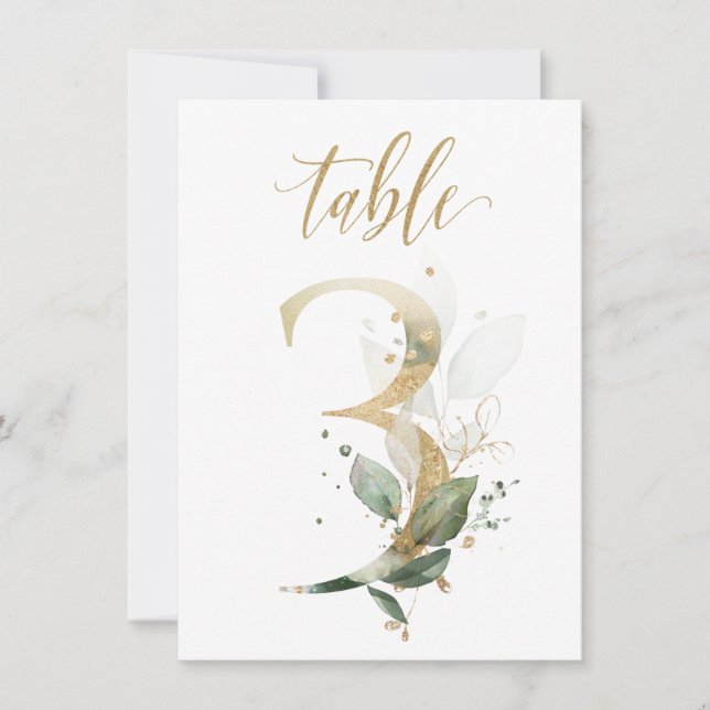 Watercolor Green & Gold Foliage, Table Number 3 (Front)