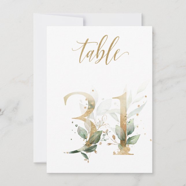 Watercolor Green & Gold Foliage, Table Number 31 (Front)