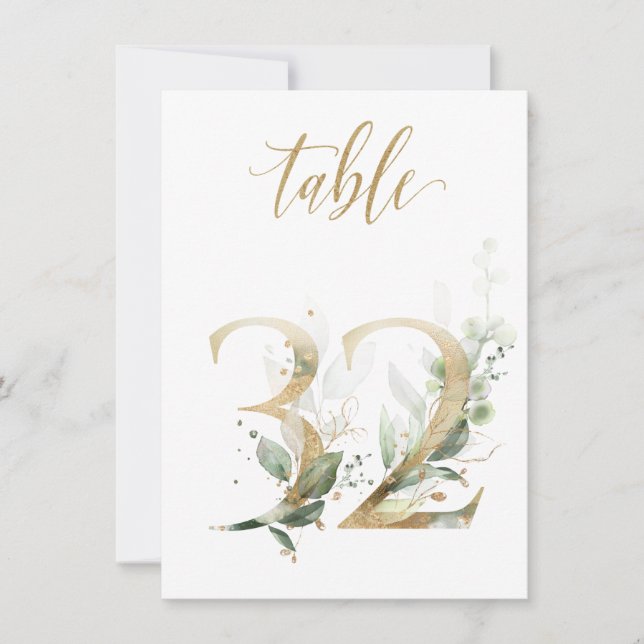 Watercolor Green & Gold Foliage, Table Number 32 (Front)