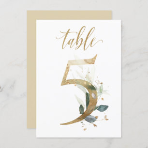 Watercolor Green & Gold Foliage, Table Number 5