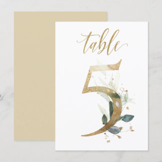 Watercolor Green & Gold Foliage, Table Number 5