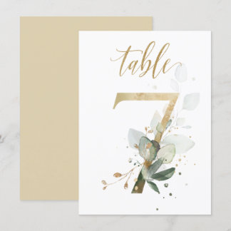 Watercolor Green & Gold Foliage, Table Number 7
