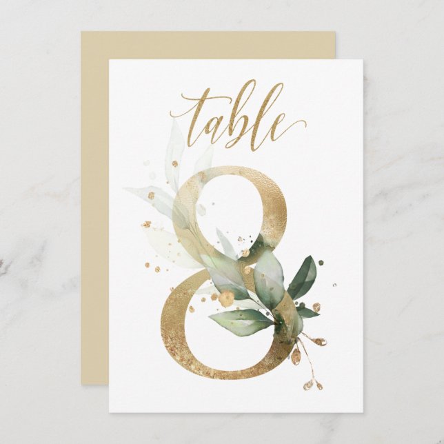 Watercolor Green & Gold Foliage, Table Number 8 (Front/Back)