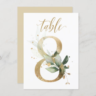 Watercolor Green & Gold Foliage, Table Number 8