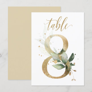 Watercolor Green & Gold Foliage, Table Number 8