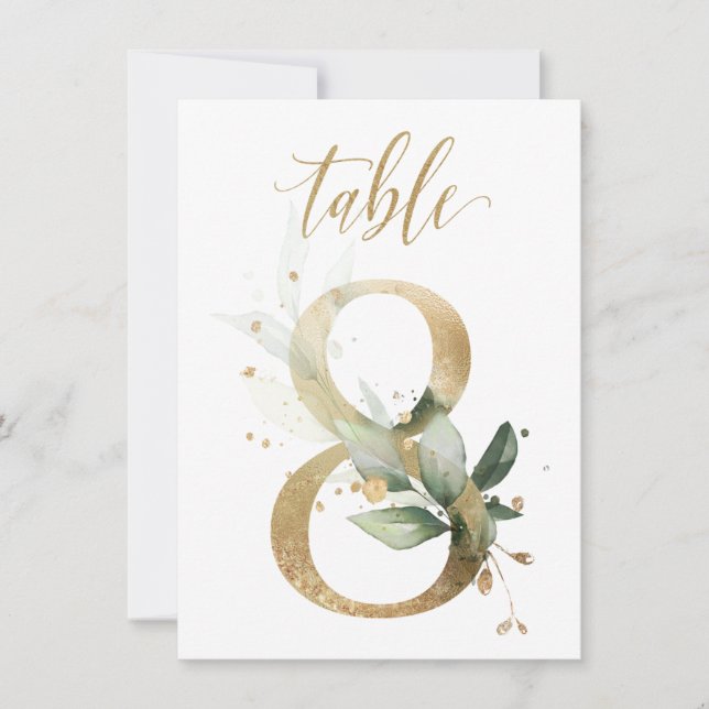 Watercolor Green & Gold Foliage, Table Number 8 (Front)