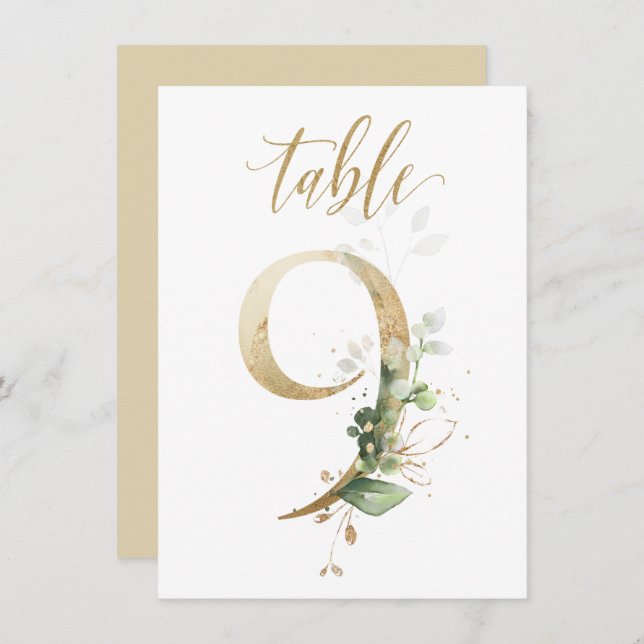 Watercolor Green & Gold Foliage, Table Number 9 (Front/Back)